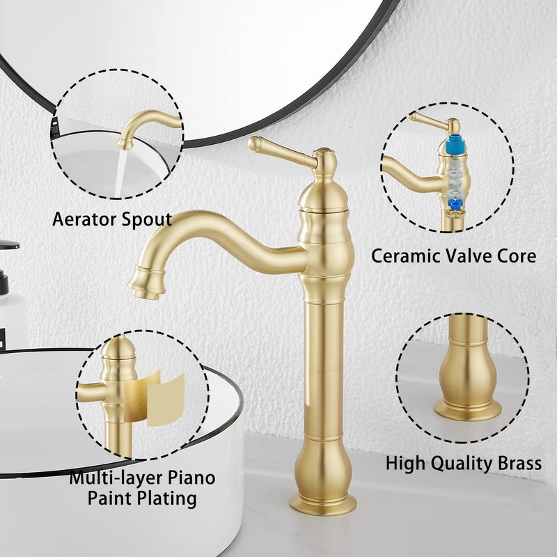 GGStudy 360 Swivel Single-Handle One Hole Vessel Sink Faucet with Matching Pop Up Drain - Brushed Gold Farmhouse Bathroom Vanity Faucet - Image 5